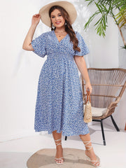 Boho Dress Women's Plus Floral Print Short Sleeve V Neck Dress