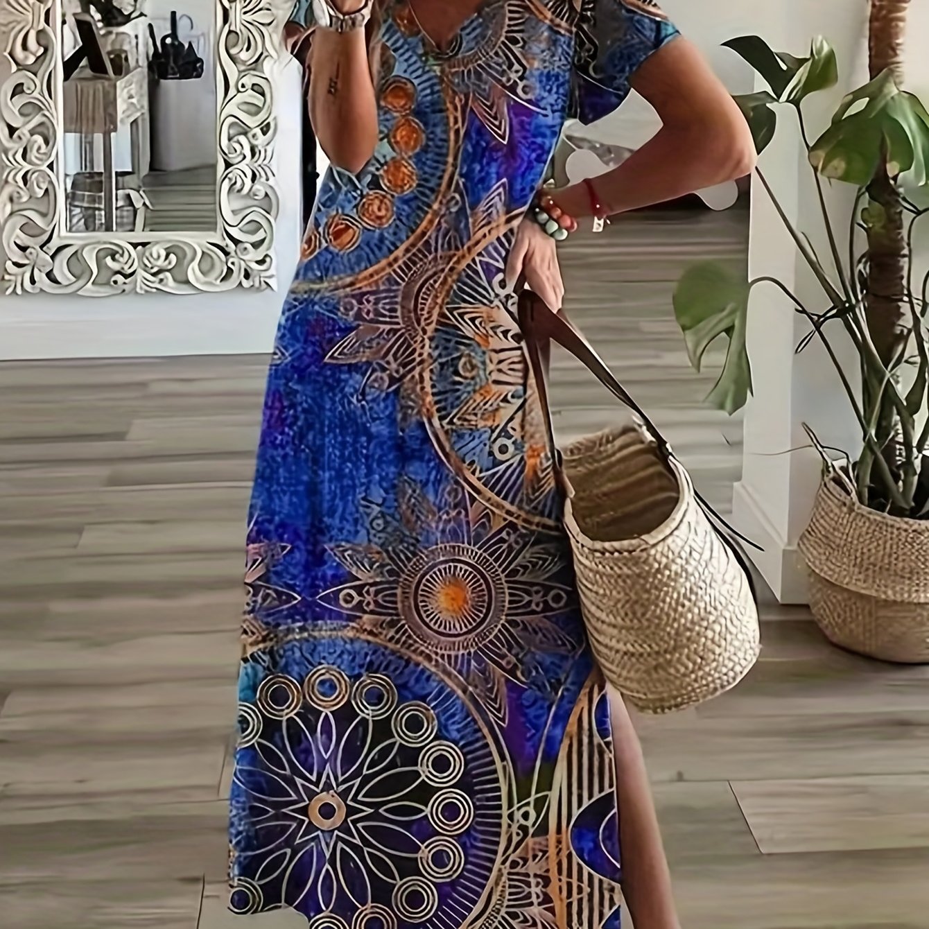 Vintage V Neck Maxi Dress Women's Clothing