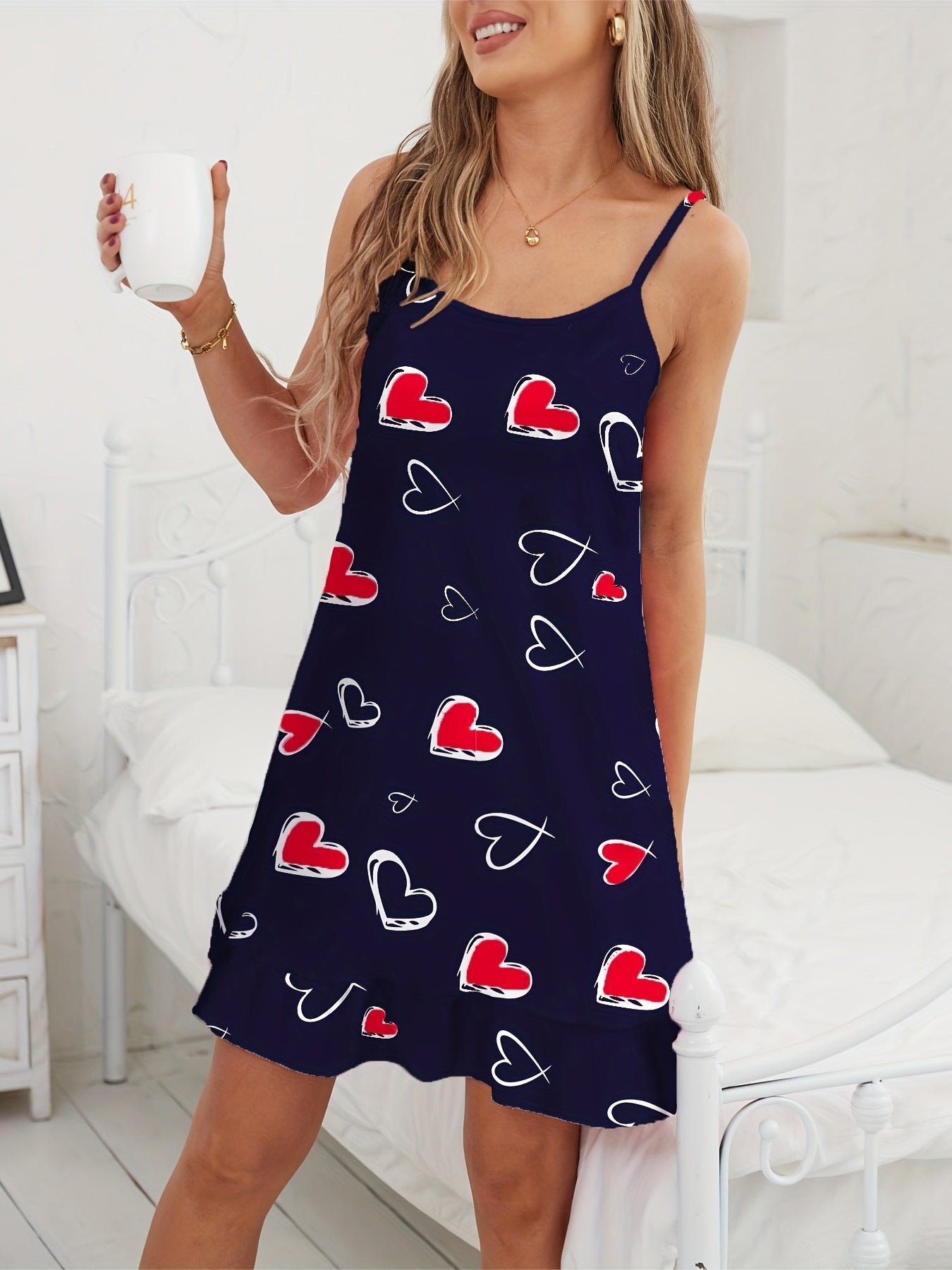 Heart Print Cami Pajama Dress Spaghetti Strap Nightdress Women's Sleepwear
