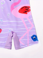 Flamingo Print Girls One Piece Swimsuit Short Sleeve Zipper Round Neck
