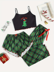 Christmas Print Pajama Set Crew Neck Cami Top & Shorts & Plaid Pants