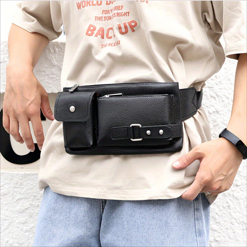 Men's PU Leather Waist Bag for Outdoor Travel and Hiking
