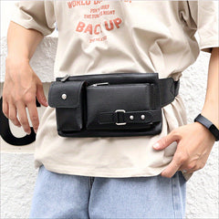 Men's PU Leather Waist Bag for Outdoor Travel and Hiking