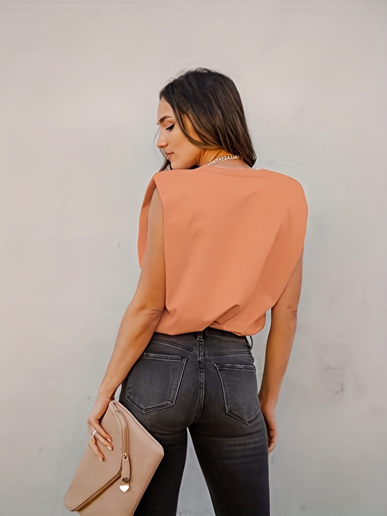 Solid Padded Shoulder Top Casual Crew Neck Summer Versatile Top