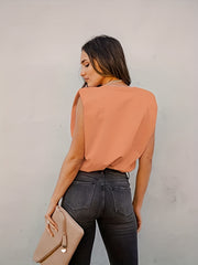 Solid Padded Shoulder Top Casual Crew Neck Summer Versatile Top