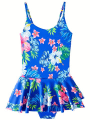 Girls' Floral & Leaves Print Swimsuit for Pool Parties