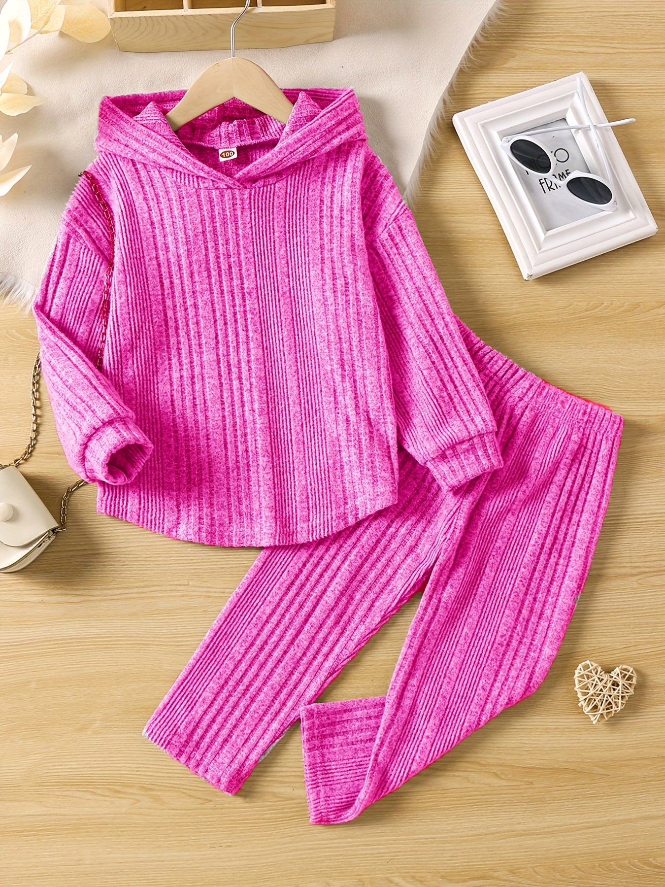 Girl's Ribbed Hoodie & Pants Set for Spring Fall