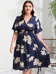 Women's Plus Floral Print Short Sleeve Midi Dress
