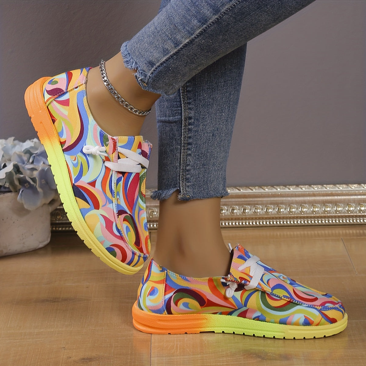 Women's Abstract Pattern Canvas Lace-Up Low Top Slip-On Shoes