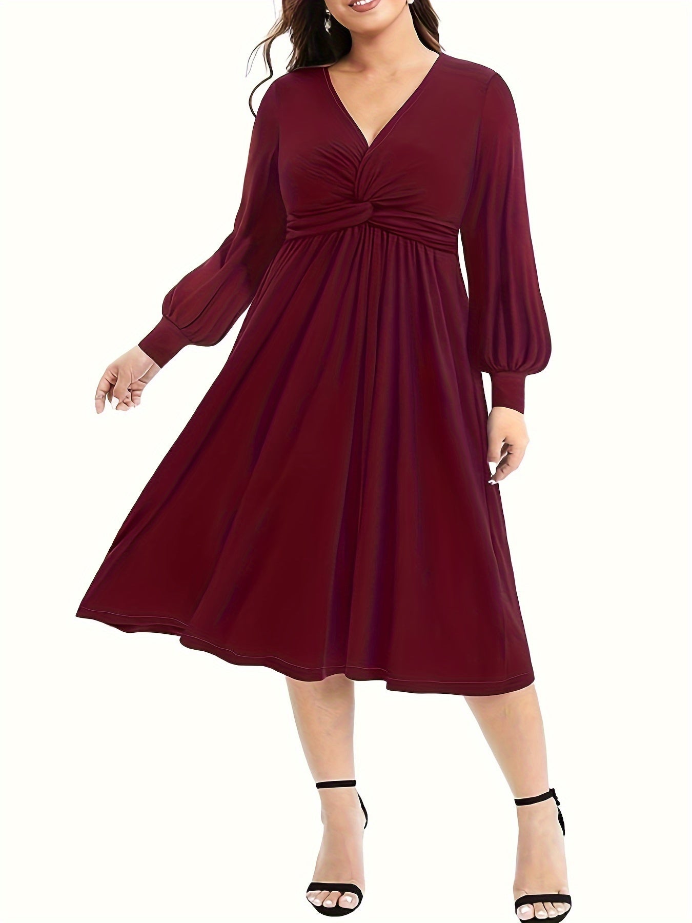 Twist Front Lantern Sleeve A-Line Dress