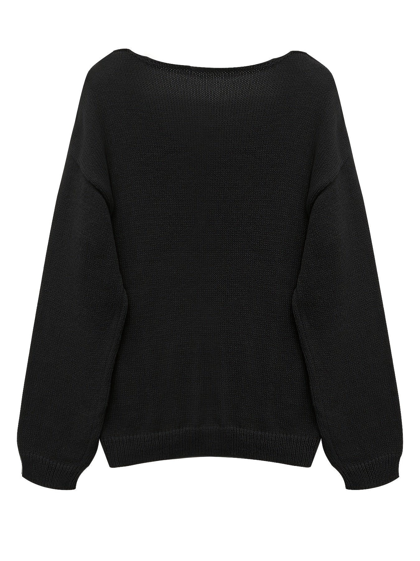 Solid V Neck Sweater Long Sleeve Loose Fit Pullover