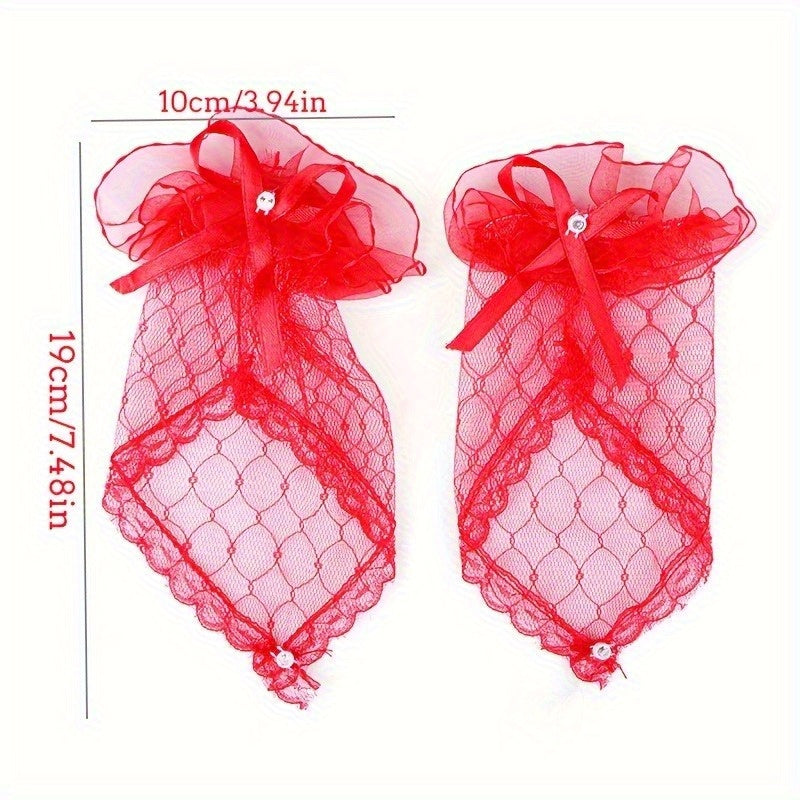 Red Lace Fingerless Bridal Gloves with Rhinestones & Bows