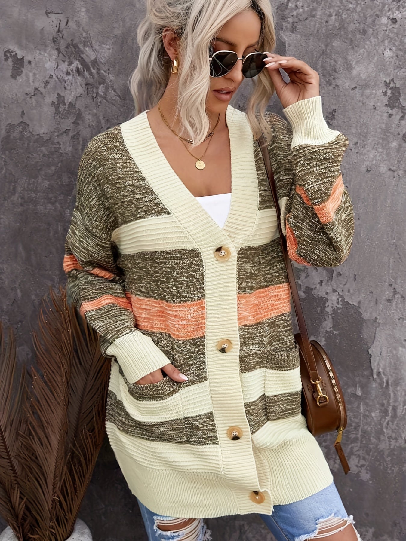Striped Long Sleeve Button-Up Cardigan With Pockets