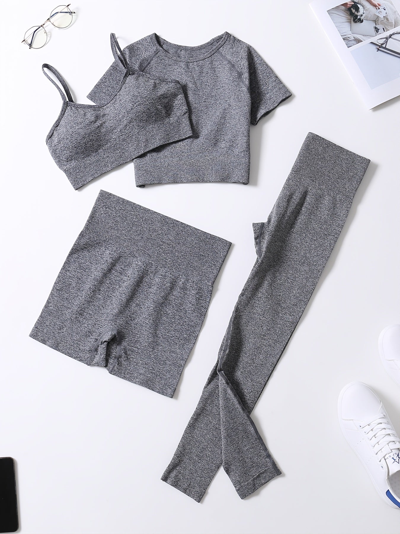 4Pcs Yoga Set High Stretch Crew Neck Crop Bra Tee Short Pants Sports Suit