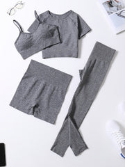 4Pcs Yoga Set High Stretch Crew Neck Crop Bra Tee Short Pants Sports Suit