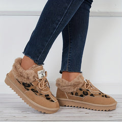 Women's Leopard Print Snow Boots Plush Lined Ankle Winter Shoes