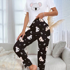 Cartoon Koala Print Pajama Set Short Sleeve Top & Pants