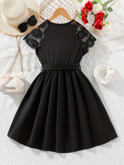 Girls' Lace Shoulder Short Sleeve Tunic Dress - Party Holiday Outing