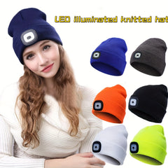 USB Rechargeable LED Beanie Solid Elastic Warm Knit Hat Unisex Skull Cap