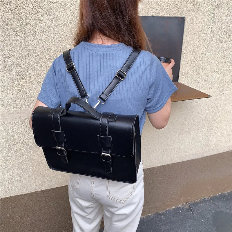 Vintage Preppy School Bag PU Leather Women Shoulder Tote