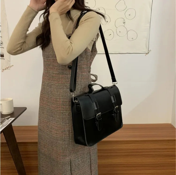 Vintage Preppy School Bag PU Leather Women Shoulder Tote