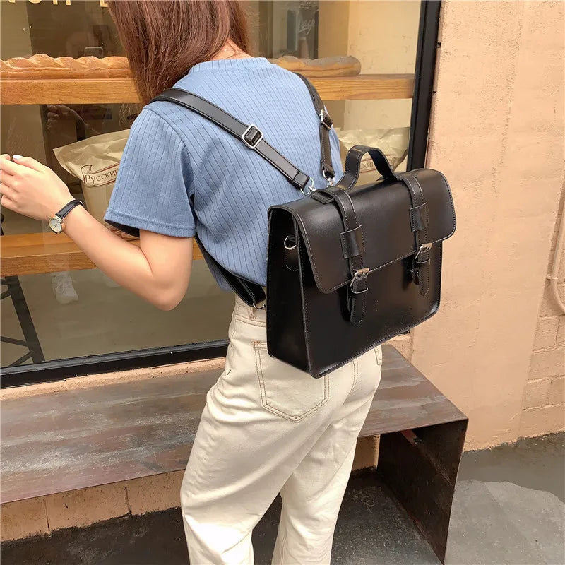 Vintage Preppy School Bag PU Leather Women Shoulder Tote