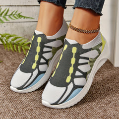 Women's Block Printed Knit Walking Shoes Elastic Slip on Sneakers