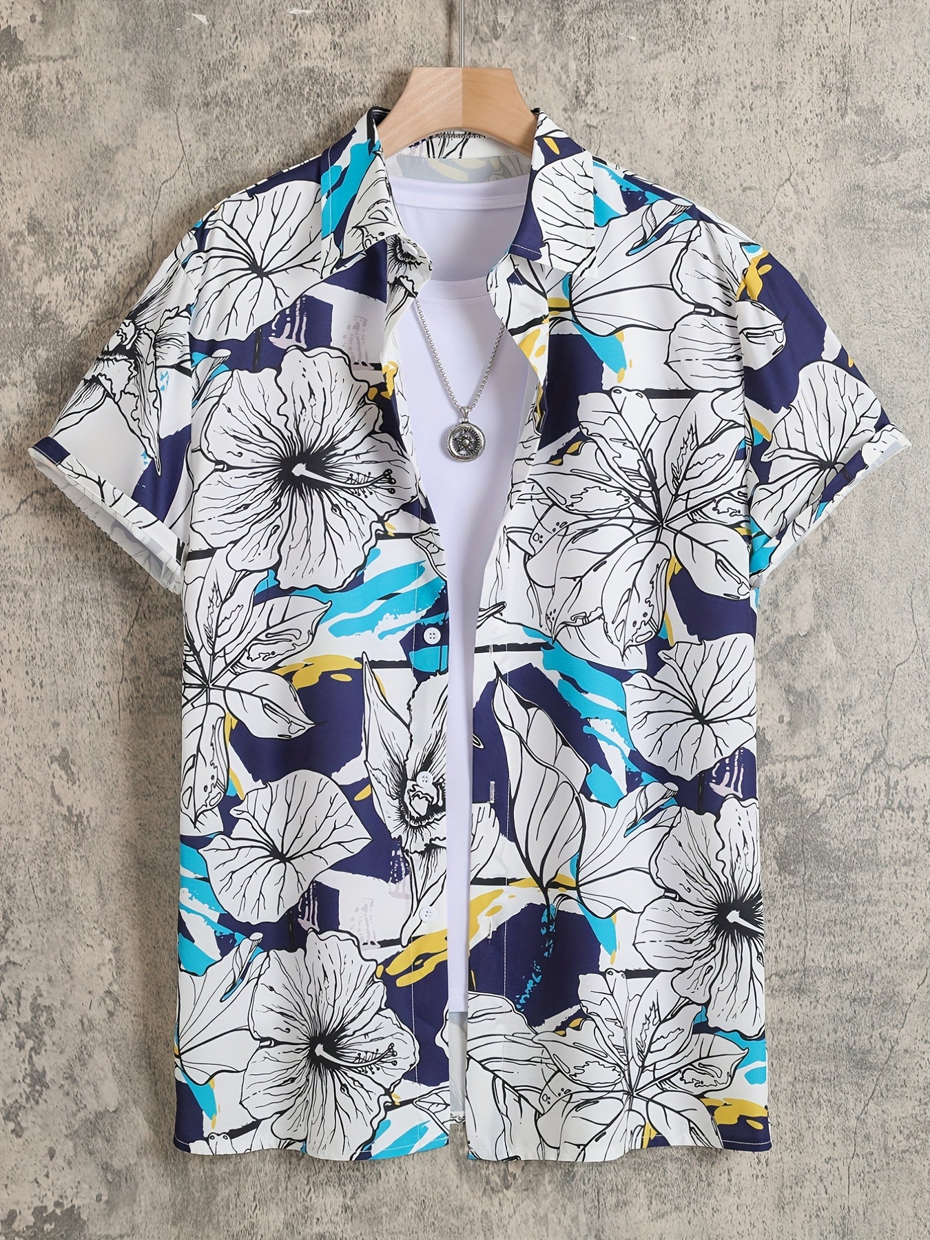 Men's Floral Lapel Shirt Casual Button Up Short Sleeve Loose Shirt