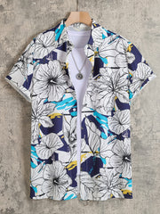 Men's Floral Lapel Shirt Casual Button Up Short Sleeve Loose Shirt