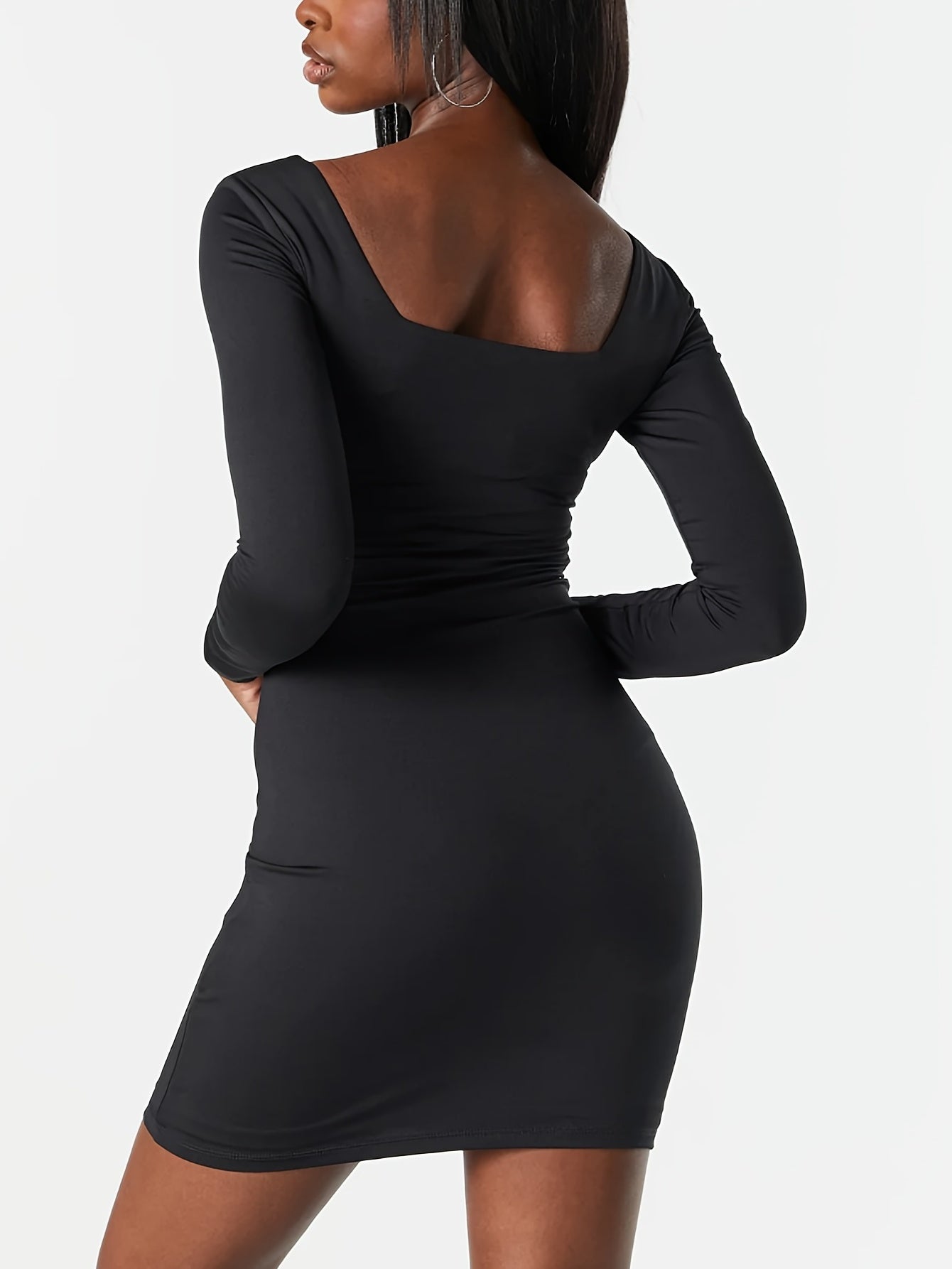 Sexy Bodycon Dress Solid Square Neck High Stretch Long Sleeve