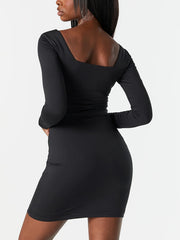 Sexy Bodycon Dress Solid Square Neck High Stretch Long Sleeve