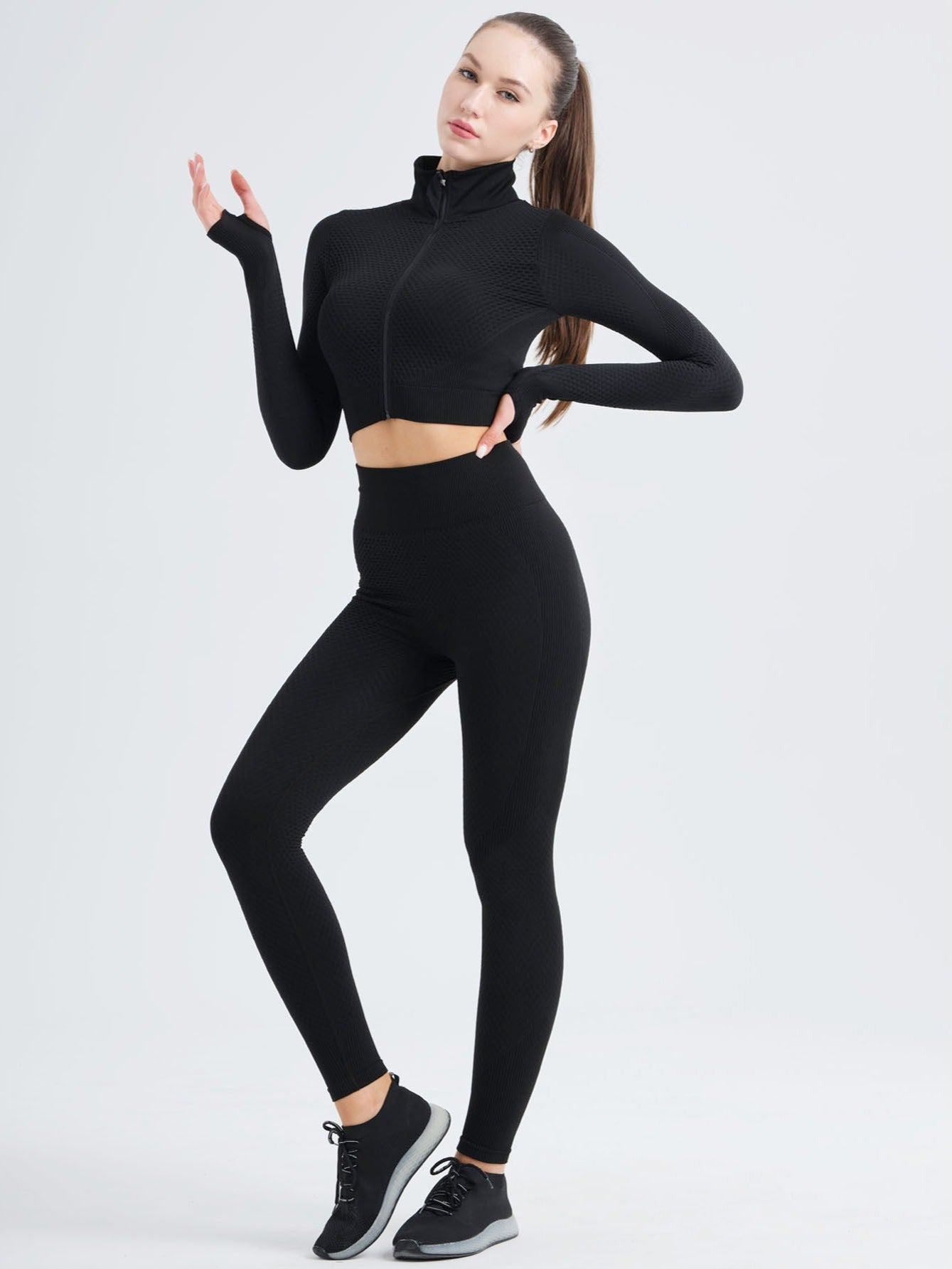 Women Workout Set Seamless Yoga High Neck Jacket & Leggings
