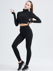 Women Workout Set Seamless Yoga High Neck Jacket & Leggings