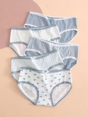 5pcs Heart & Plaid Print Briefs Comfy Intimates Panties