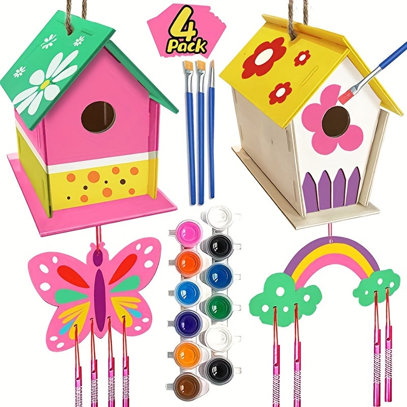 4pcs DIY Bird House Wind Chime Kit for Kids to Build & Paint Birdhouses