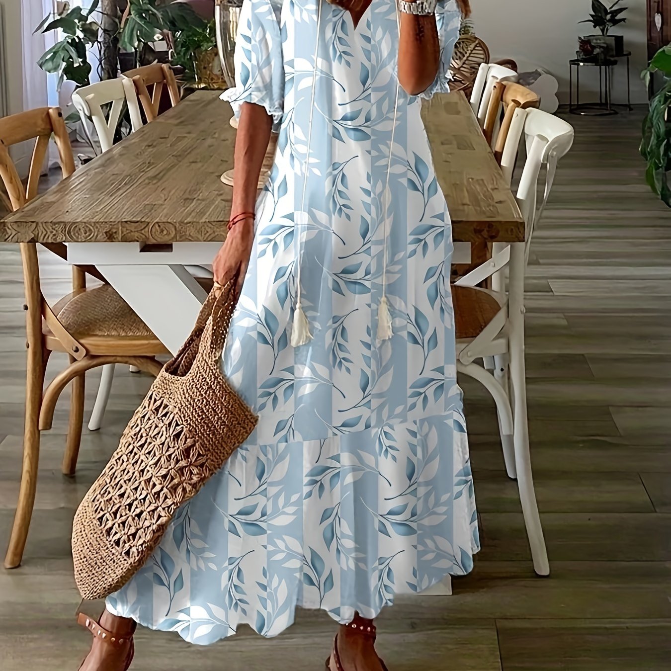 Boho Dress Women's Plus Leaf & Stripe Print Maxi Smock Dress