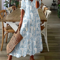 Boho Dress Women's Plus Leaf & Stripe Print Maxi Smock Dress