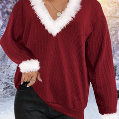 Colorblock Jacquard Fuzzy Trim V Neck Sweater