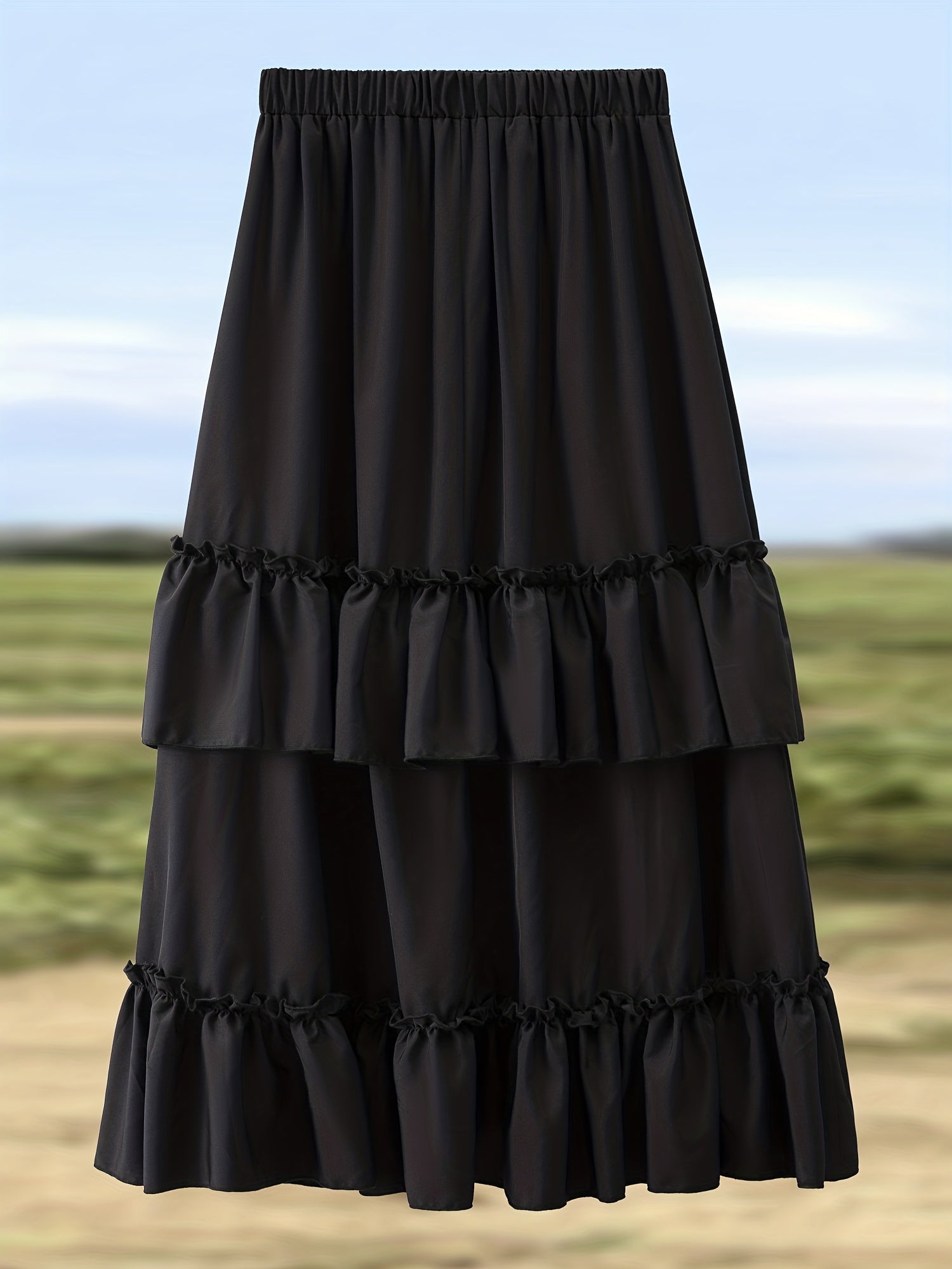Tiered Skirt with Ruffle Trim Elastic Waist Layered Skirt