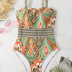 One Piece Swimsuit Graphic Print Mesh Padded Bathing Suit