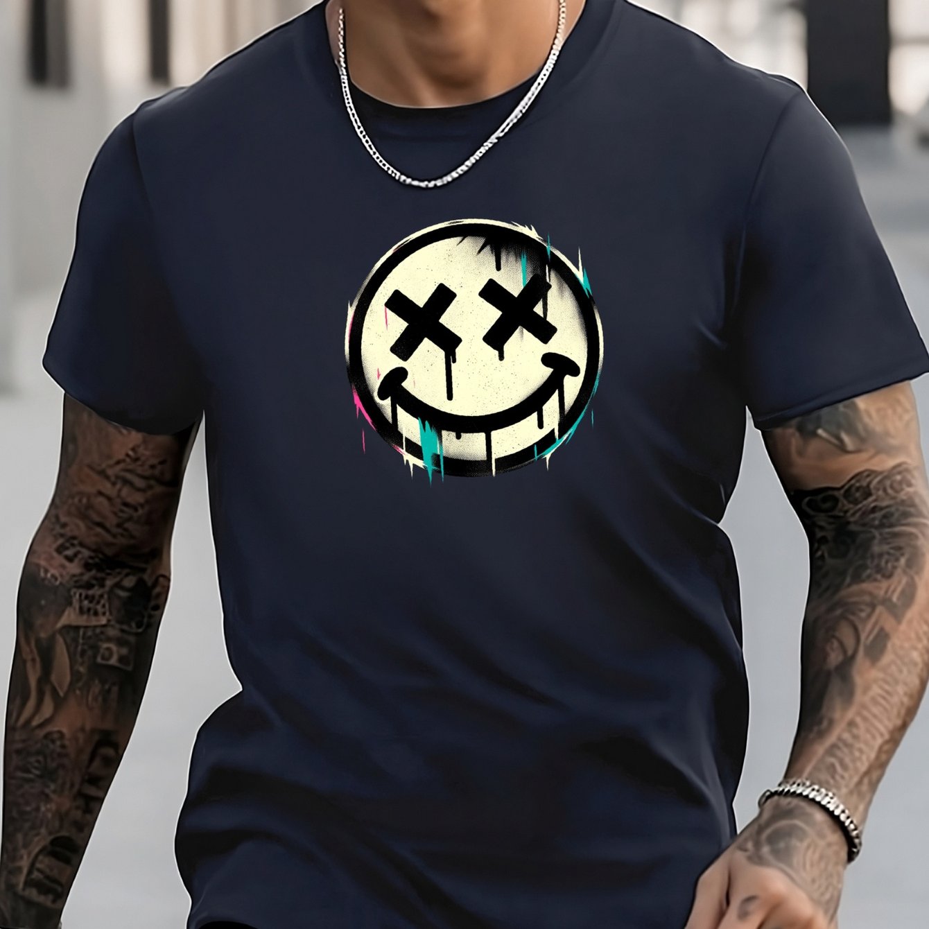 Men's Smile Face Graphic Crew Neck T-shirt for Summer