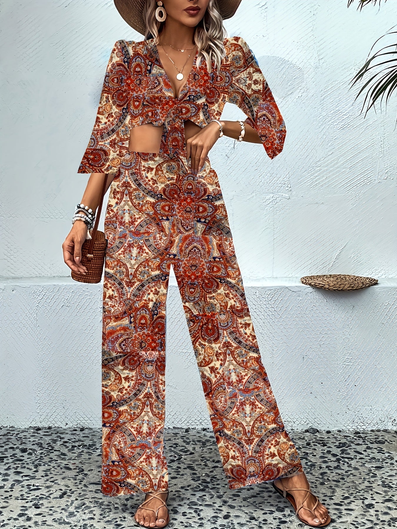Cashew Floral Print 2pc Set Knot Front Crop Top & Wide Leg Pants
