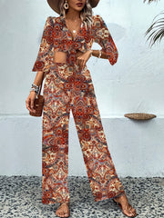 Cashew Floral Print 2pc Set Knot Front Crop Top & Wide Leg Pants
