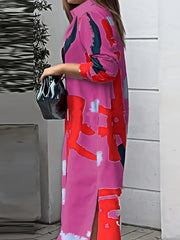 Colorblock Button-Up Long Sleeve Maxi Shirt Dress