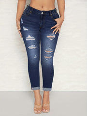 Ripped Holes Skinny Jeans Slim Fit Slash Pockets Stretch Curvy Denim
