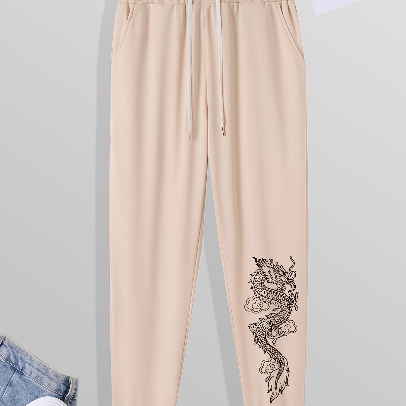 Men's Dragon Print Casual Sweatpants with Drawstring Pocket