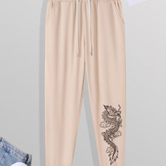 Men's Dragon Print Casual Sweatpants with Drawstring Pocket