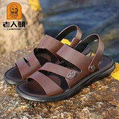 LAORENTOU Men's Leather Sandals Outdoor Anti-skid Slip On Beach Shoes