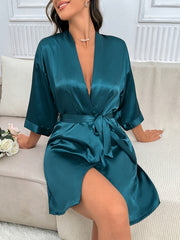 Letter Embroidery Night Robe V-Neck with Belt Women's Sleepwear