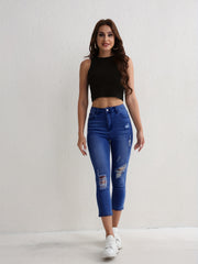 Ripped Holes Cropped Jeans Slim Fit High Stretch Capris Denim Pants